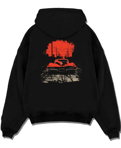 Black pullover hoodie laid flat on a white background, featuring Chevrolet Corvette muscle retro classic enthusiast racing graphic.