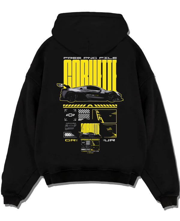 Black pullover hoodie laid flat on a white background, featuring Chevrolet Corvette gt3 rs racing motorsport street graphic.