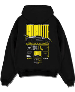 Black pullover hoodie laid flat on a white background, featuring Chevrolet Corvette gt3 rs racing motorsport street graphic.