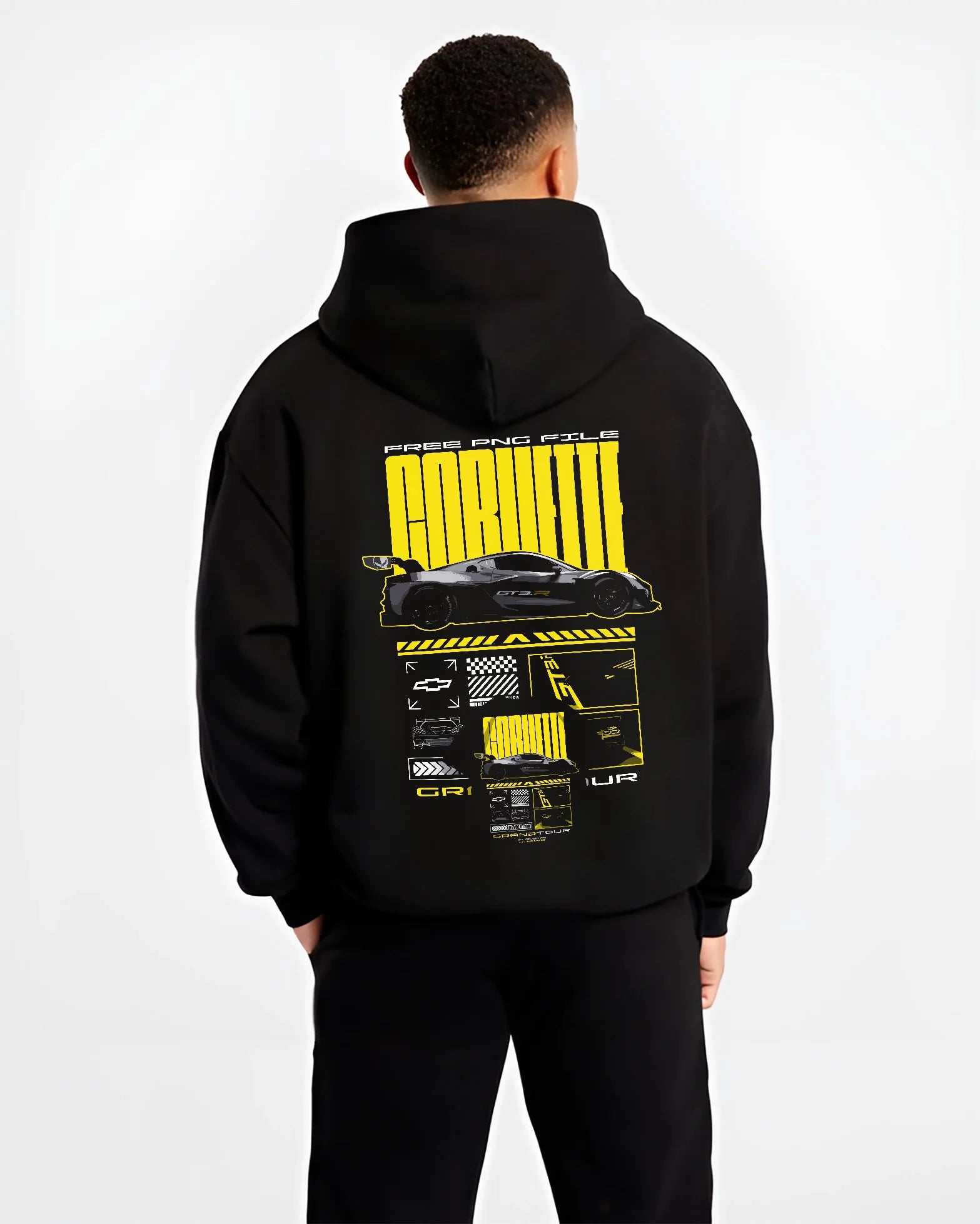 Black hoodie worn by a male model, back view, featuring Chevrolet Corvette gt3 rs racing motorsport street performance graphic.