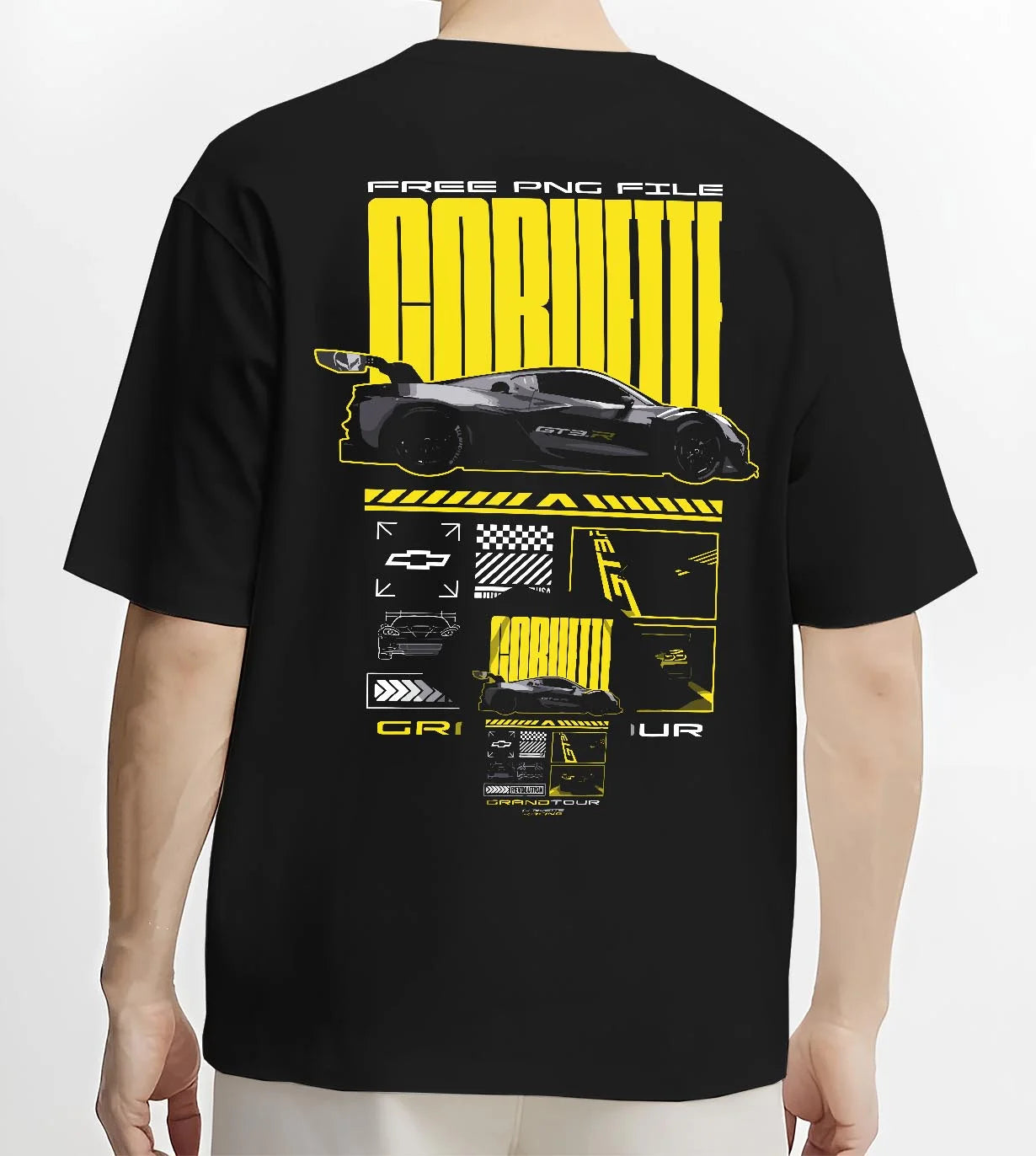 Black T-shirt worn by a male model, back view, featuring Chevrolet Corvette gt3 rs racing motorsport street performance graphic.