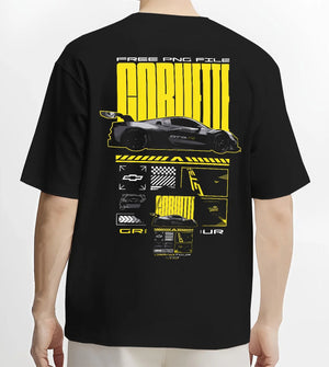 Black T-shirt worn by a male model, back view, featuring Chevrolet Corvette gt3 rs racing motorsport street performance graphic.