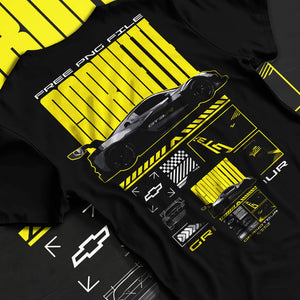 Black T-shirt laid flat with natural fabric folds, featuring Chevrolet Corvette gt3 rs racing motorsport street performance graphic.