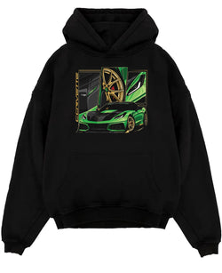 Black pullover hoodie laid flat on a white background, featuring Chevrolet Corvette zr1 r1 american street racing graphic.