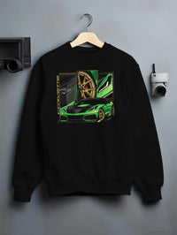 Black crewneck sweatshirt on a hanger against a grey wall, featuring Chevrolet Corvette zr1 r1 american street racing graphic.
