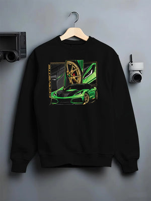 Black crewneck sweatshirt on a hanger against a grey wall, featuring Chevrolet Corvette zr1 r1 american street racing graphic.