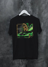 Black crewneck T-shirt on a hanger against a grey wall, featuring Chevrolet Corvette zr1 r1 american street racing graphic.