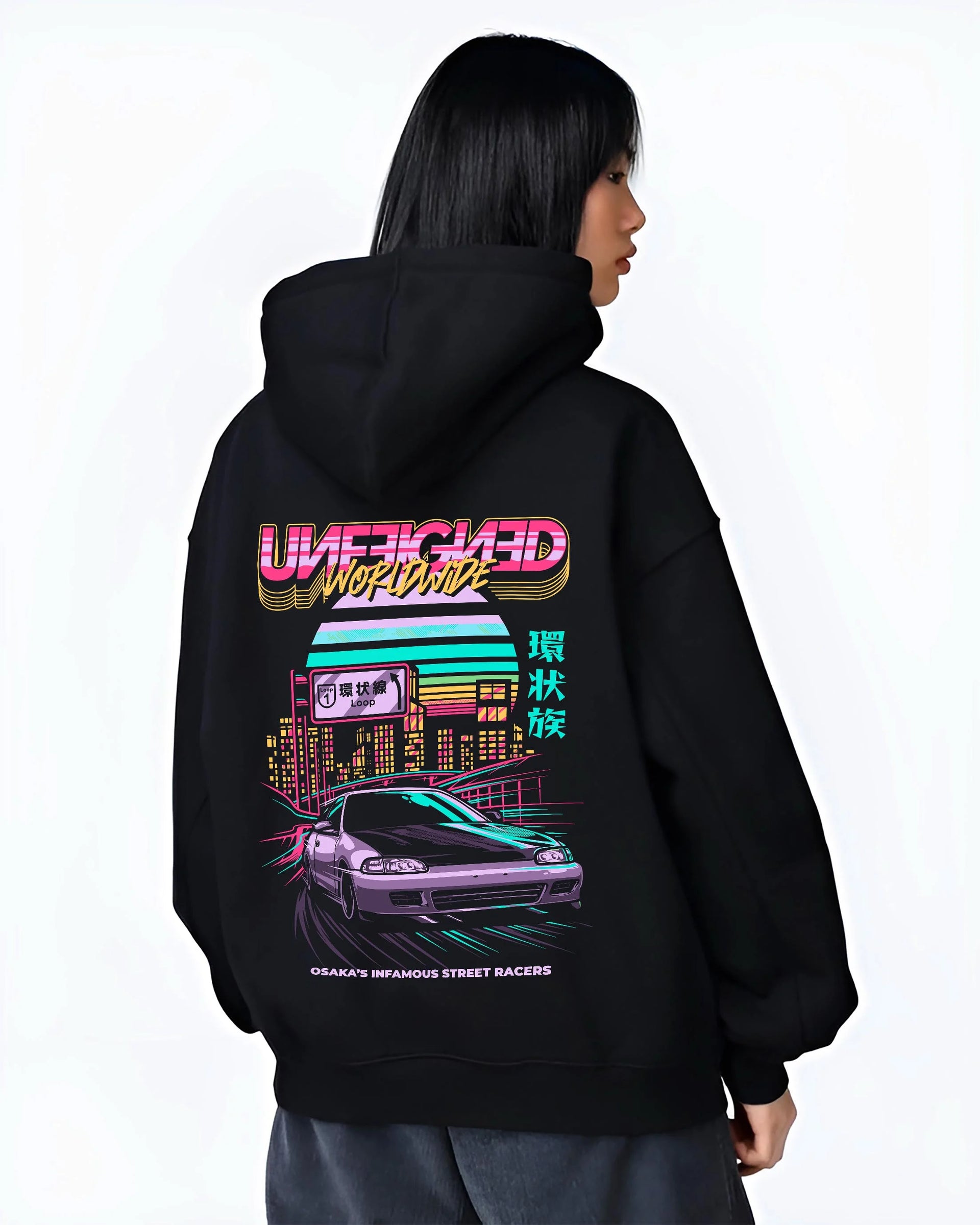 Black hoodie worn by a female model, back view, featuring Honda Crx rs race motorsport jdm street retro vintage classic graphic.