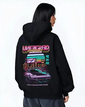 Black hoodie worn by a female model, back view, featuring Honda Crx rs race motorsport jdm street retro vintage classic graphic.