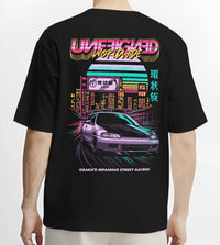 Black T-shirt worn by a male model, back view, featuring Honda Crx rs race motorsport jdm street retro vintage classic graphic.