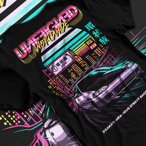 Black T-shirt laid flat with natural fabric folds, featuring Honda Crx rs race motorsport jdm street retro vintage classic graphic.