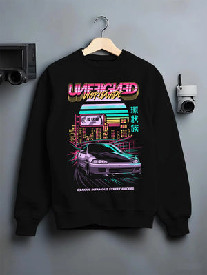Black crewneck sweatshirt on a hanger against a grey wall, featuring Honda Crx rs race motorsport jdm street retro vintage graphic.