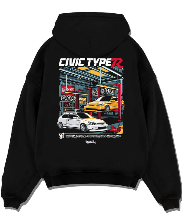 Black pullover hoodie laid flat on a white background, featuring HONDA CIVIC type r racing jdm japanese enthusiast street graphic.