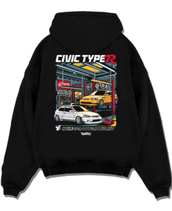 Black pullover hoodie laid flat on a white background, featuring HONDA CIVIC type r racing jdm japanese enthusiast street graphic.