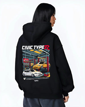 Black hoodie worn by a female model, back view, featuring HONDA CIVIC type r racing jdm japanese enthusiast street graphic.