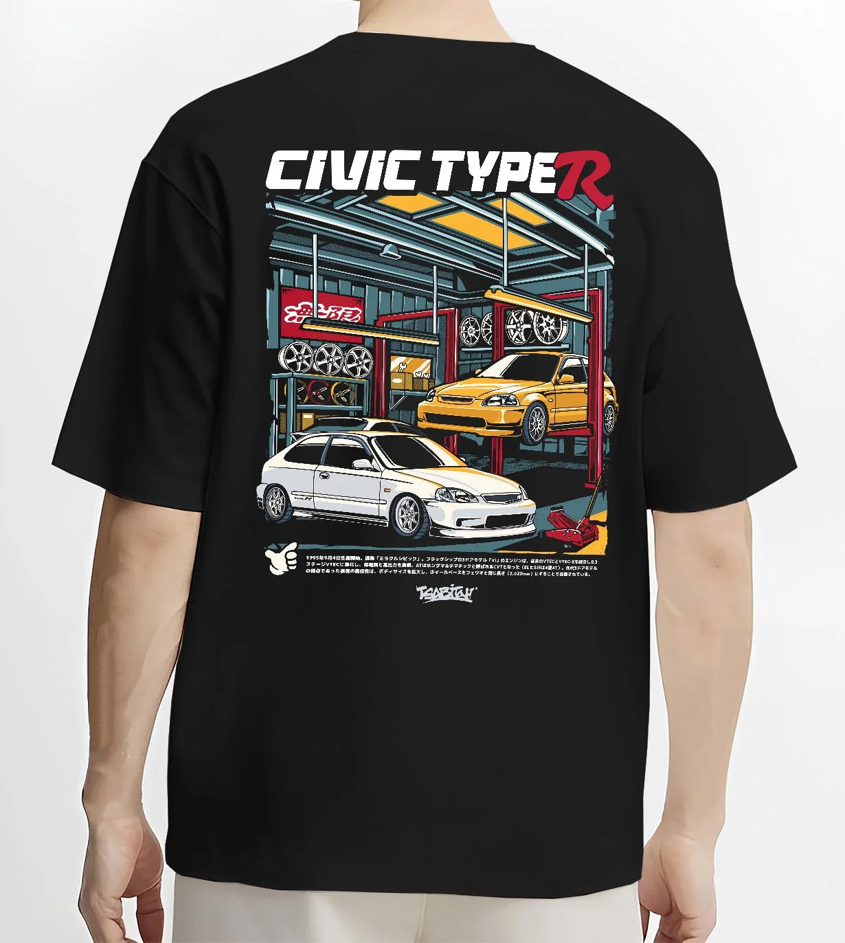Black T-shirt worn by a male model, back view, featuring HONDA CIVIC type r racing jdm japanese enthusiast street graphic.