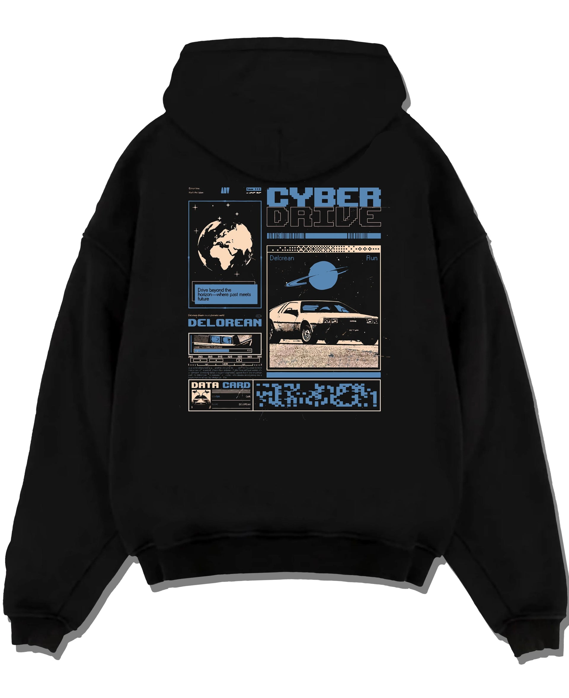 Black pullover hoodie laid flat on a white background, featuring DeLorean DMC-12 sti retro classic racing street graphic.