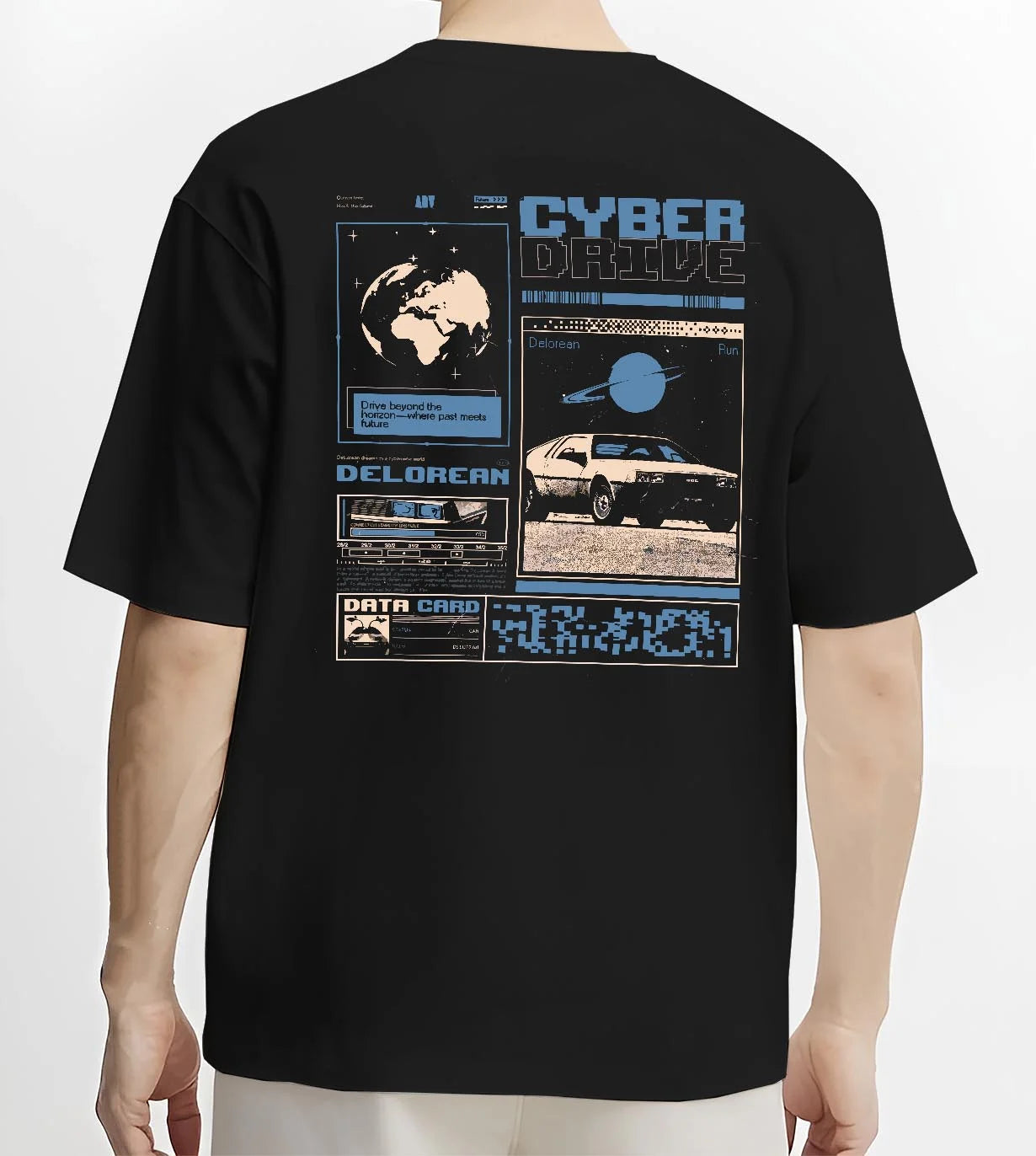 Black T-shirt worn by a male model, back view, featuring DeLorean DMC-12 sti retro classic racing street performance graphic.