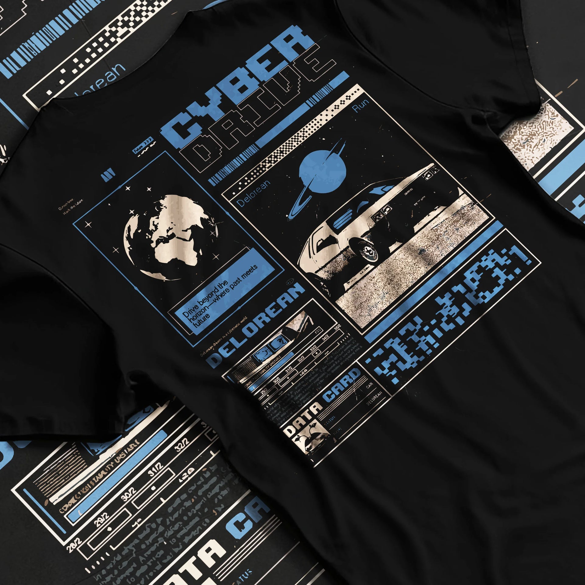 Black T-shirt laid flat with natural fabric folds, featuring DeLorean DMC-12 sti retro classic racing street performance graphic.