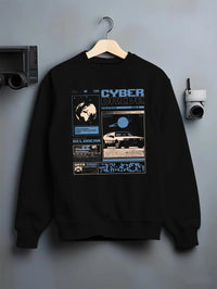 Black crewneck sweatshirt on a hanger against a grey wall, featuring DeLorean DMC-12 sti retro classic racing street graphic.