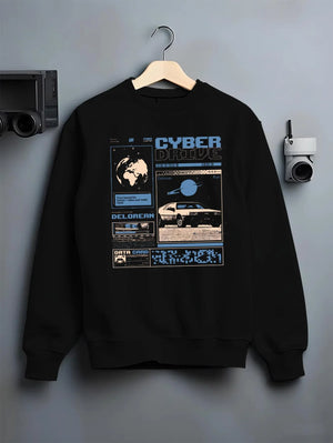Black crewneck sweatshirt on a hanger against a grey wall, featuring DeLorean DMC-12 sti retro classic racing street graphic.