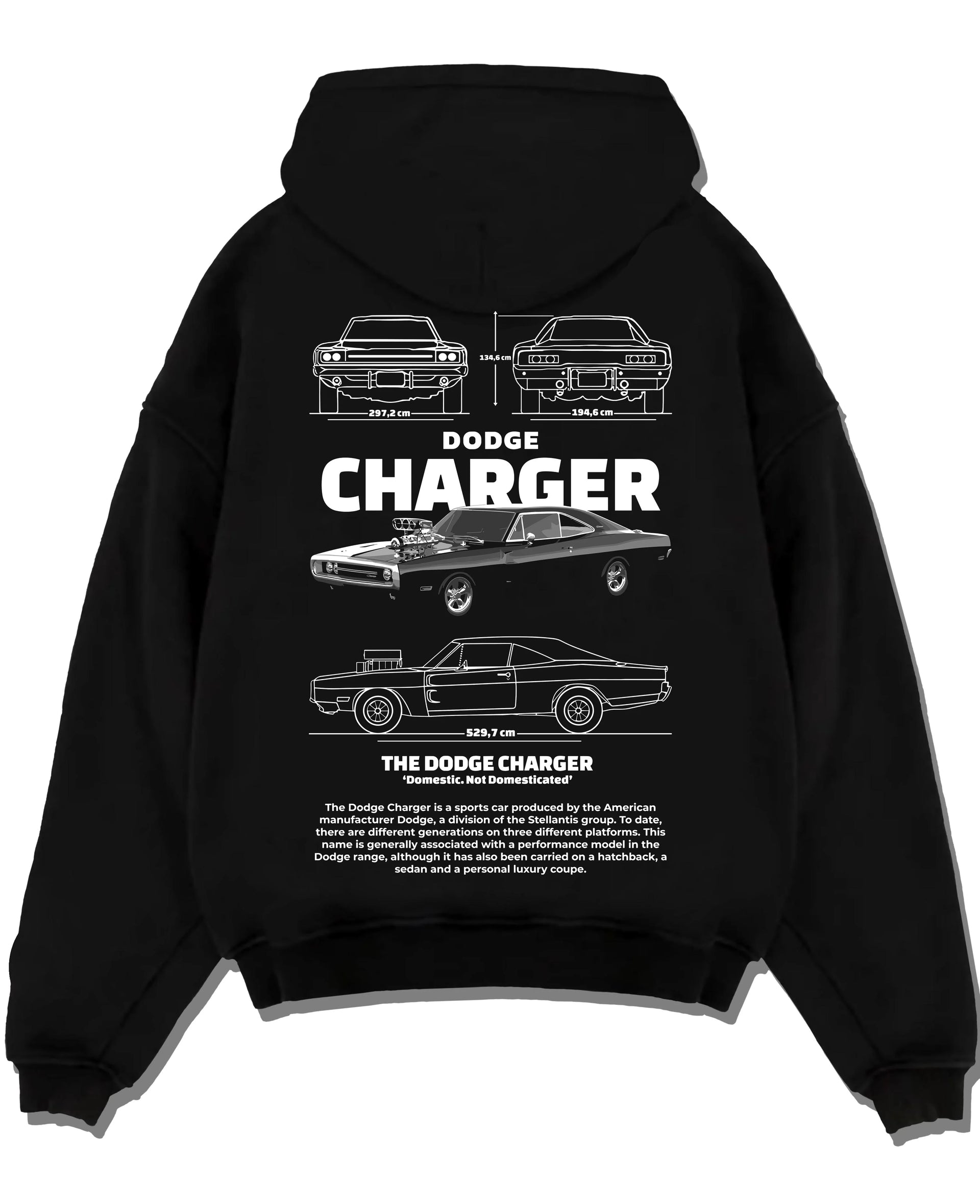 Black pullover hoodie laid flat on a white background, featuring Dodge Charger rs muscle street retro classic enthusiast graphic.