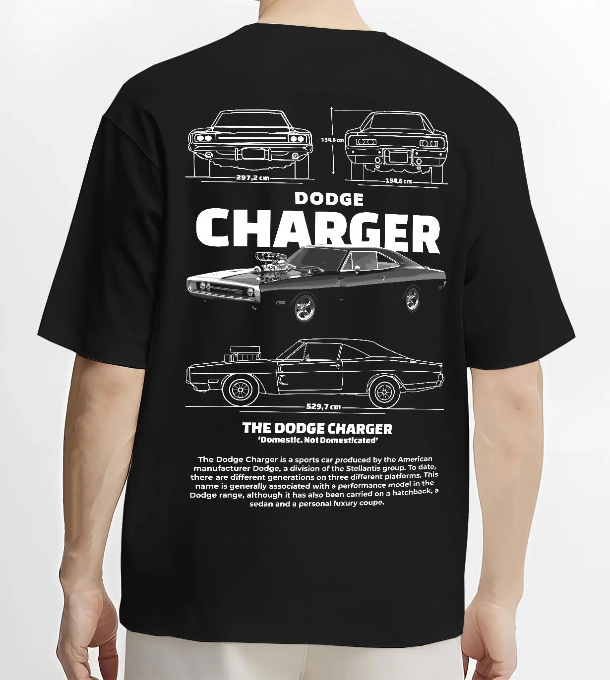 Black T-shirt worn by a male model, back view, featuring Dodge Charger rs muscle street retro classic enthusiast graphic.