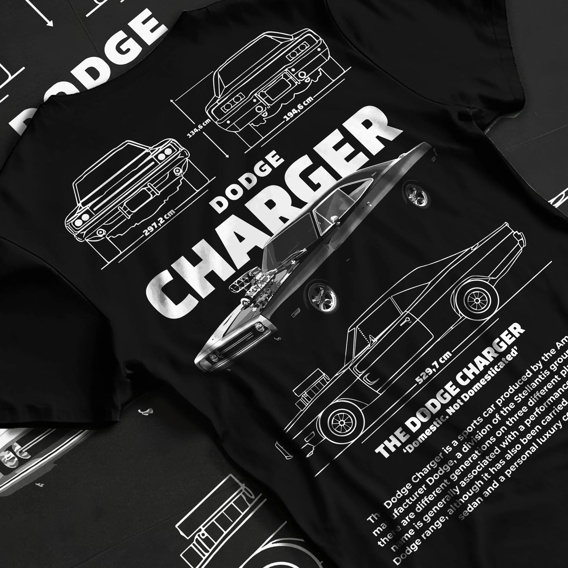 Black T-shirt laid flat with natural fabric folds, featuring Dodge Charger rs muscle street retro classic enthusiast graphic.
