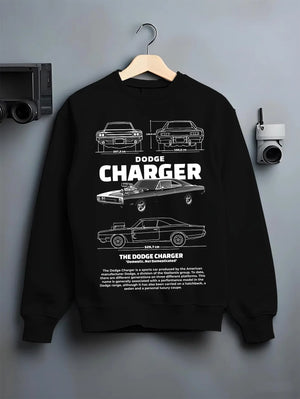 Black crewneck sweatshirt on a hanger against a grey wall, featuring Dodge Charger rs muscle street retro classic graphic.