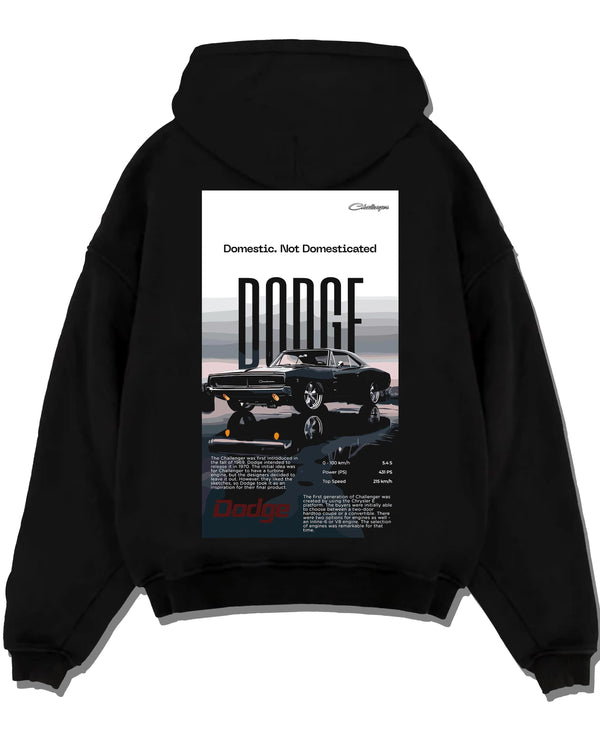 Black pullover hoodie laid flat on a white background, featuring Dodge Challenger american muscle street retro classic graphic.