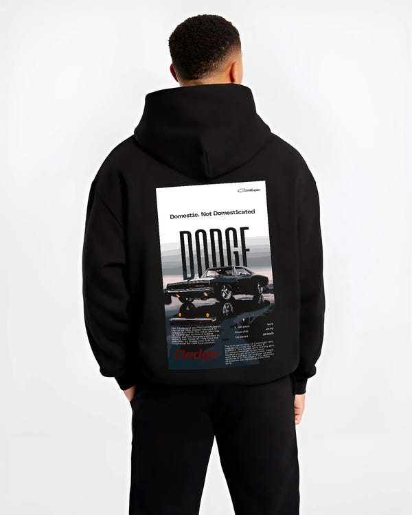 Black hoodie worn by a male model, back view, featuring Dodge Challenger american muscle street retro classic legend graphic.