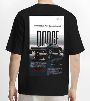 Black T-shirt worn by a male model, back view, featuring Dodge Challenger american muscle street retro classic legend graphic.