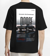 Black T-shirt worn by a male model, back view, featuring Dodge Challenger american muscle street retro classic legend graphic.
