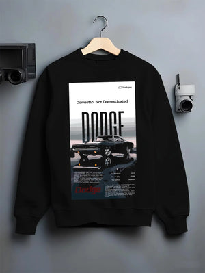Black crewneck sweatshirt on a hanger against a grey wall, featuring Dodge Challenger american muscle street retro classic graphic.