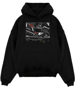 Black pullover hoodie laid flat on a white background, featuring Dodge Charger supercharged american muscle classic graphic.