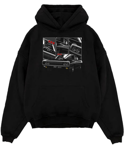 Black pullover hoodie laid flat on a white background, featuring Dodge Charger supercharged american muscle classic graphic.