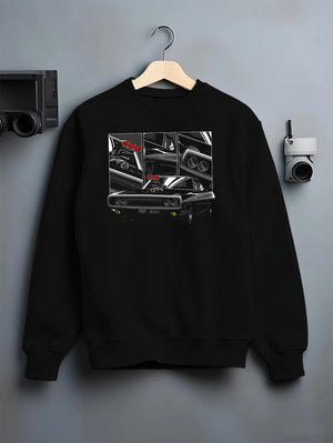 Black crewneck sweatshirt on a hanger against a grey wall, featuring Dodge Charger supercharged american muscle classic graphic.