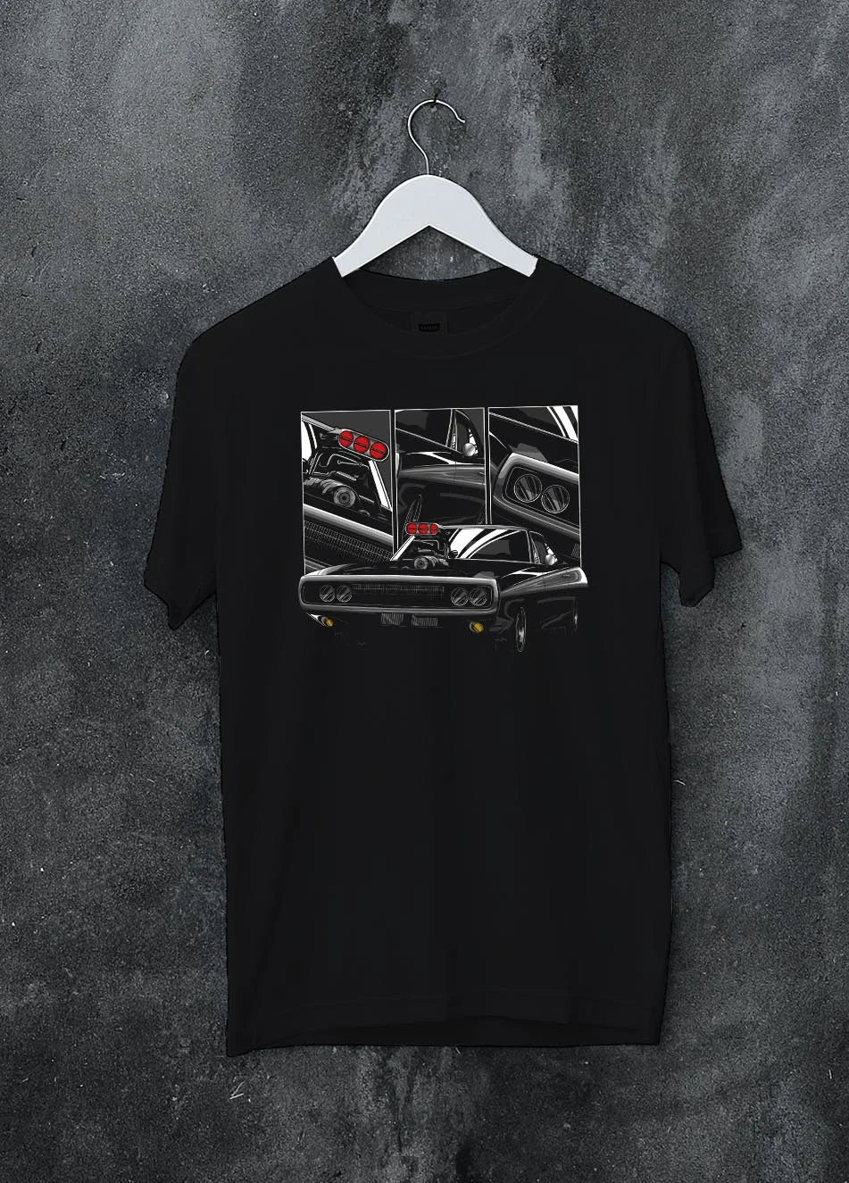 Black crewneck T-shirt on a hanger against a grey wall, featuring Dodge Charger supercharged american muscle classic graphic.