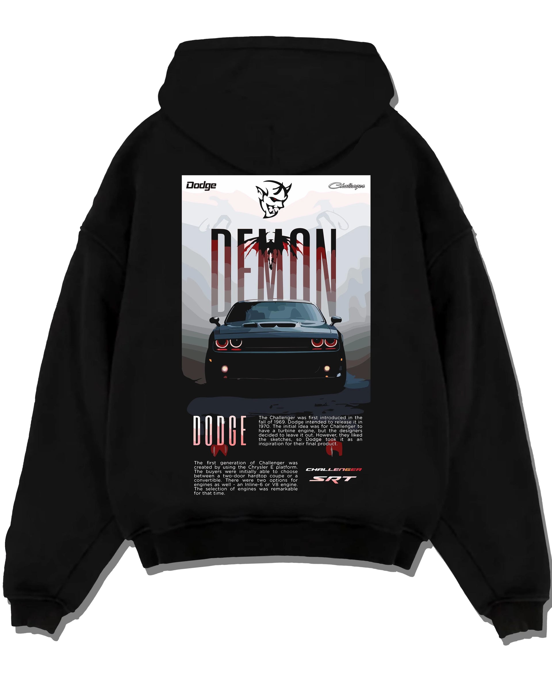Black pullover hoodie laid flat on a white background, featuring Dodge Challenger racing muscle street retro enthusiast graphic.