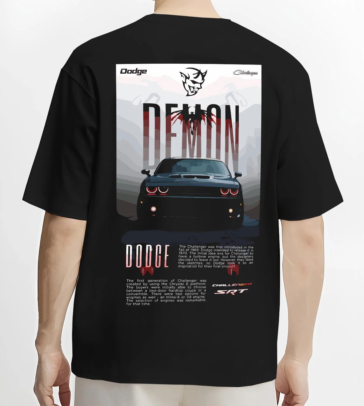 Black T-shirt worn by a male model, back view, featuring Dodge Challenger racing muscle street retro enthusiast performance graphic.