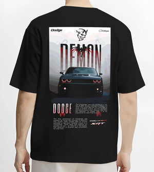 Black T-shirt worn by a male model, back view, featuring Dodge Challenger racing muscle street retro enthusiast performance graphic.