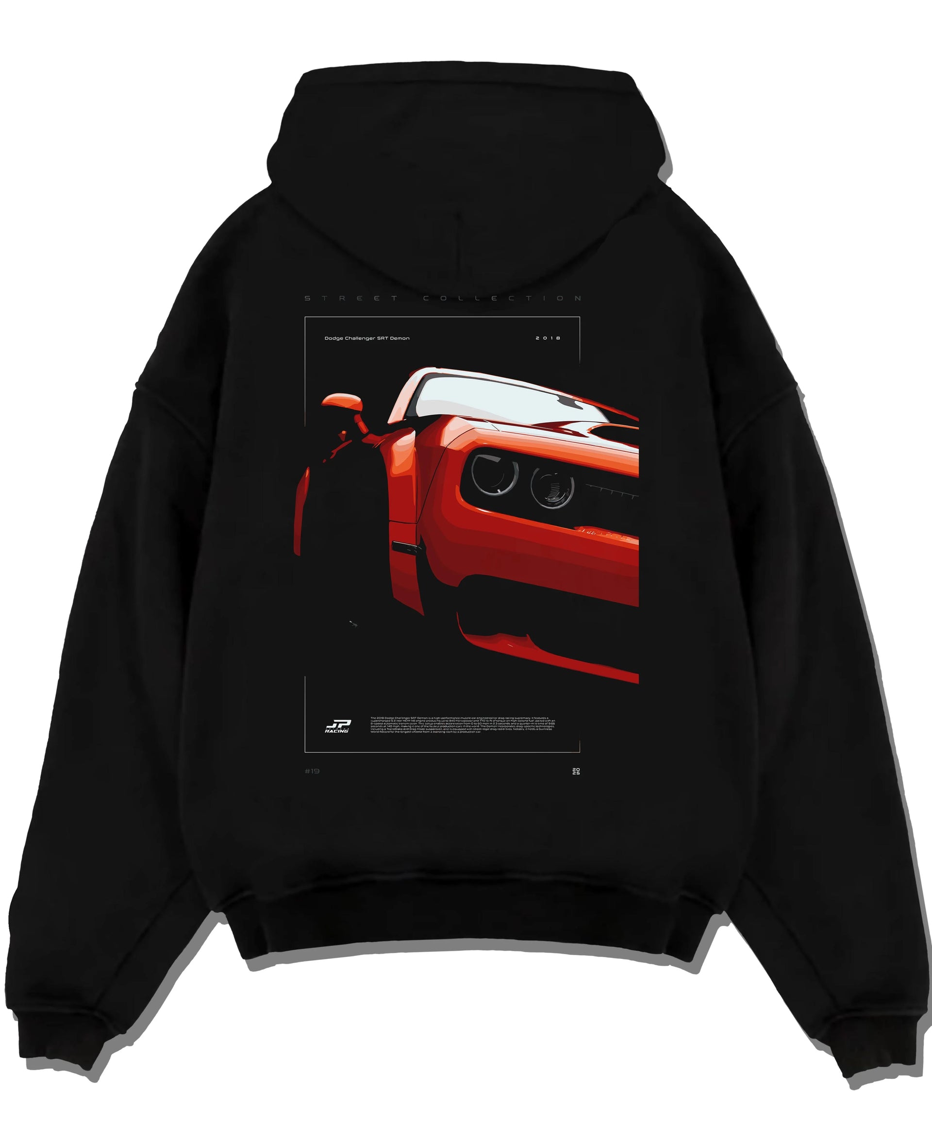 Black pullover hoodie laid flat on a white background, featuring Dodge Challenger srt racing muscle street enthusiast graphic.