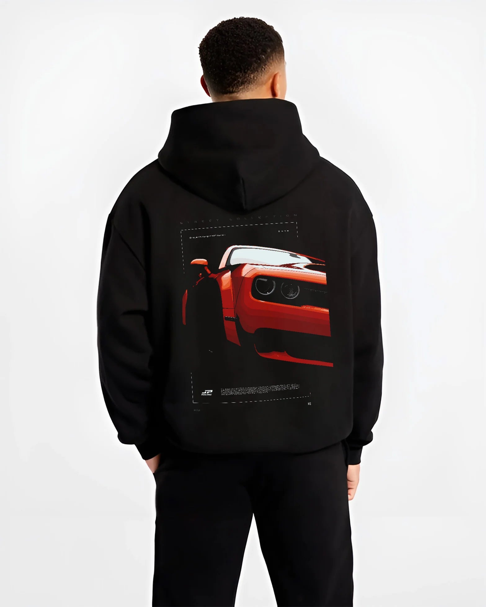 Black hoodie worn by a male model, back view, featuring Dodge Challenger srt racing muscle street enthusiast performance graphic.