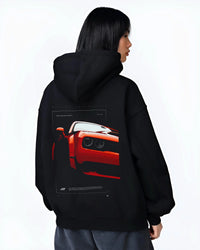 Black hoodie worn by a female model, back view, featuring Dodge Challenger srt racing muscle street enthusiast performance graphic.