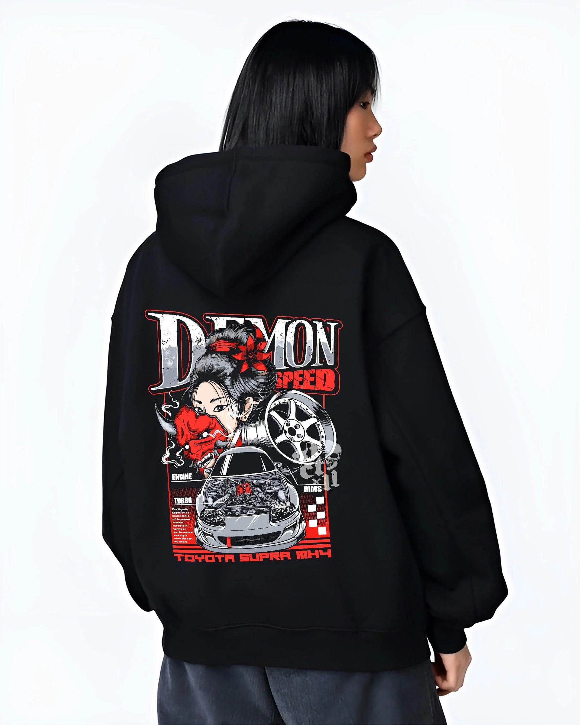 Black hoodie worn by a female model, back view, featuring Toyota Supra turbo racing drift jdm japanese tuner street speed graphic.