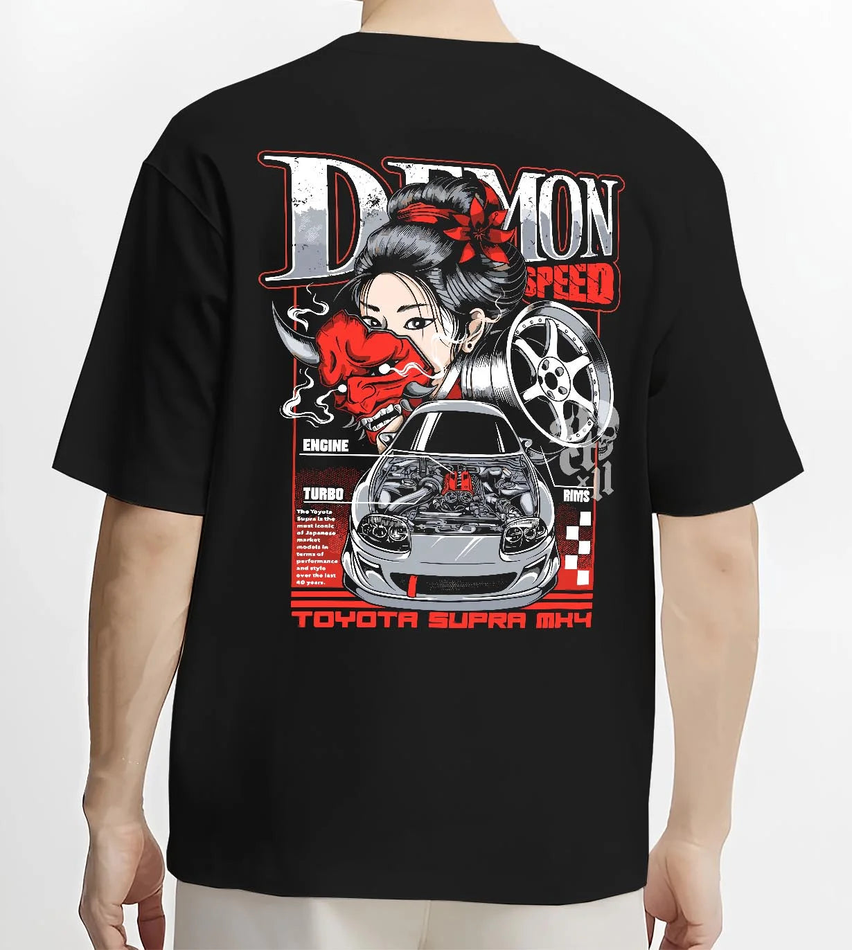 Black T-shirt worn by a male model, back view, featuring Toyota Supra turbo racing drift jdm japanese tuner street speed graphic.