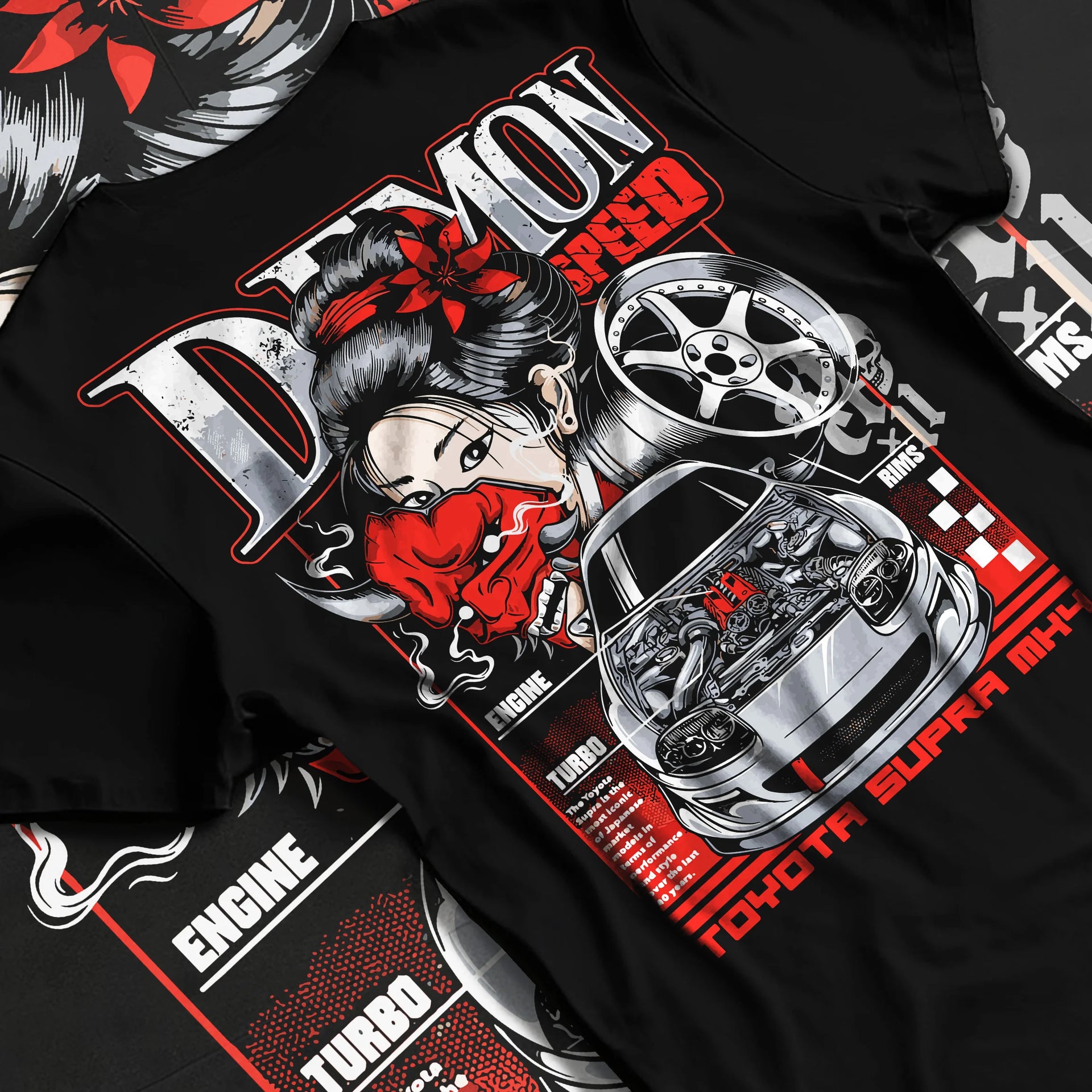 Black T-shirt laid flat with natural fabric folds, featuring Toyota Supra turbo racing drift jdm japanese tuner street graphic.