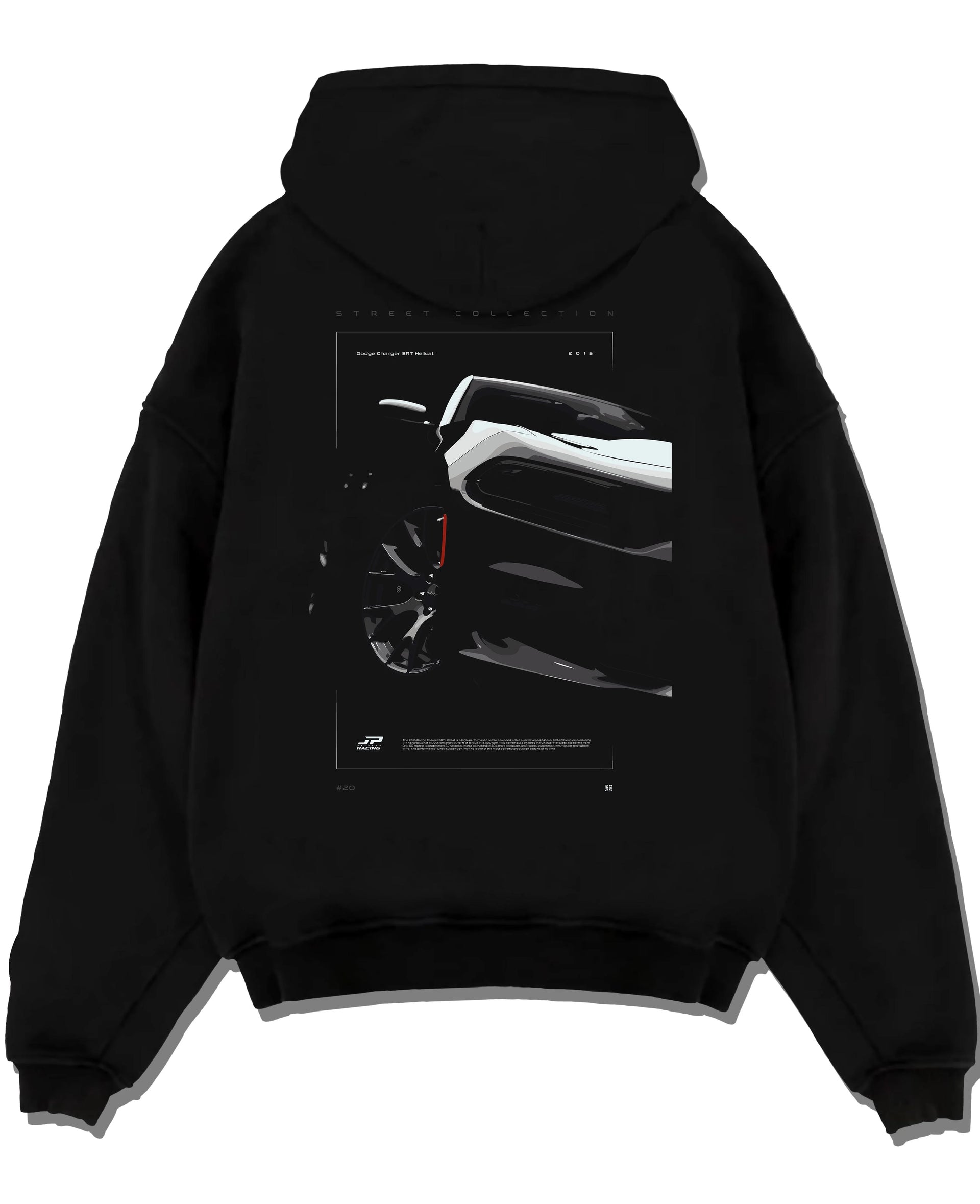 Black pullover hoodie laid flat on a white background, featuring Dodge Charger racing muscle street enthusiast performance graphic.
