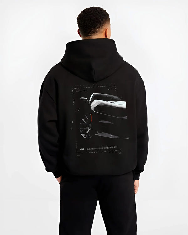 Black hoodie worn by a male model, back view, featuring Dodge Charger racing muscle street enthusiast performance graphic.