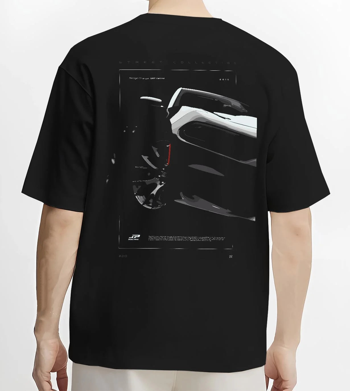 Black T-shirt worn by a male model, back view, featuring Dodge Charger racing muscle street enthusiast performance graphic.